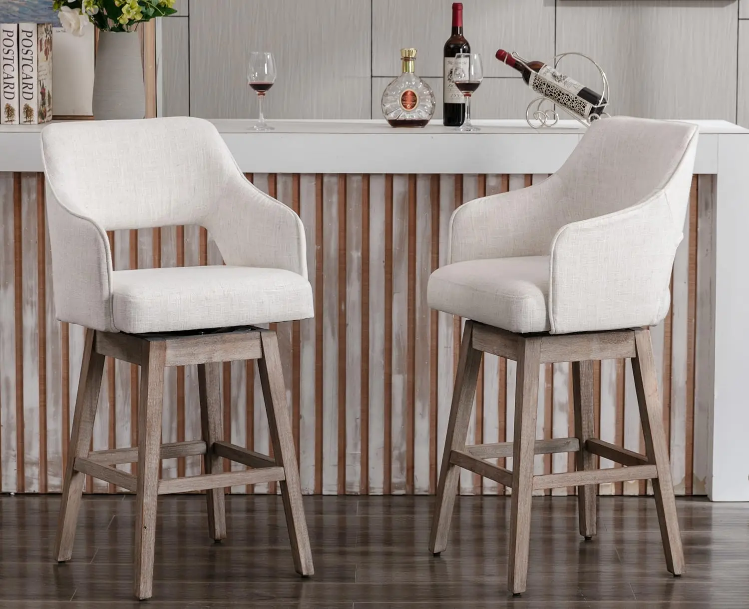 

27-дюймовые тканевые барные стулья, поворотные барные стулья для фермерского дома с деревянными ножками, подставка для ног с открытой спиной для кухни, по индивидуальному заказу