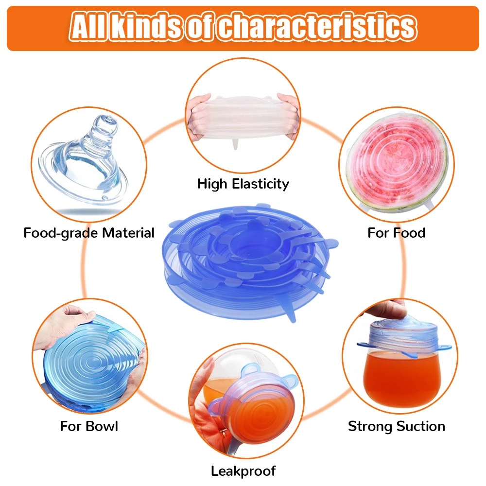 1/2/6Pcs Silicone Food Cover Stretch Lid Reusable Airtight Food Cap Bowl Plate Lid Meal Fruit Dustproof Cover Fresh Keeping Wrap