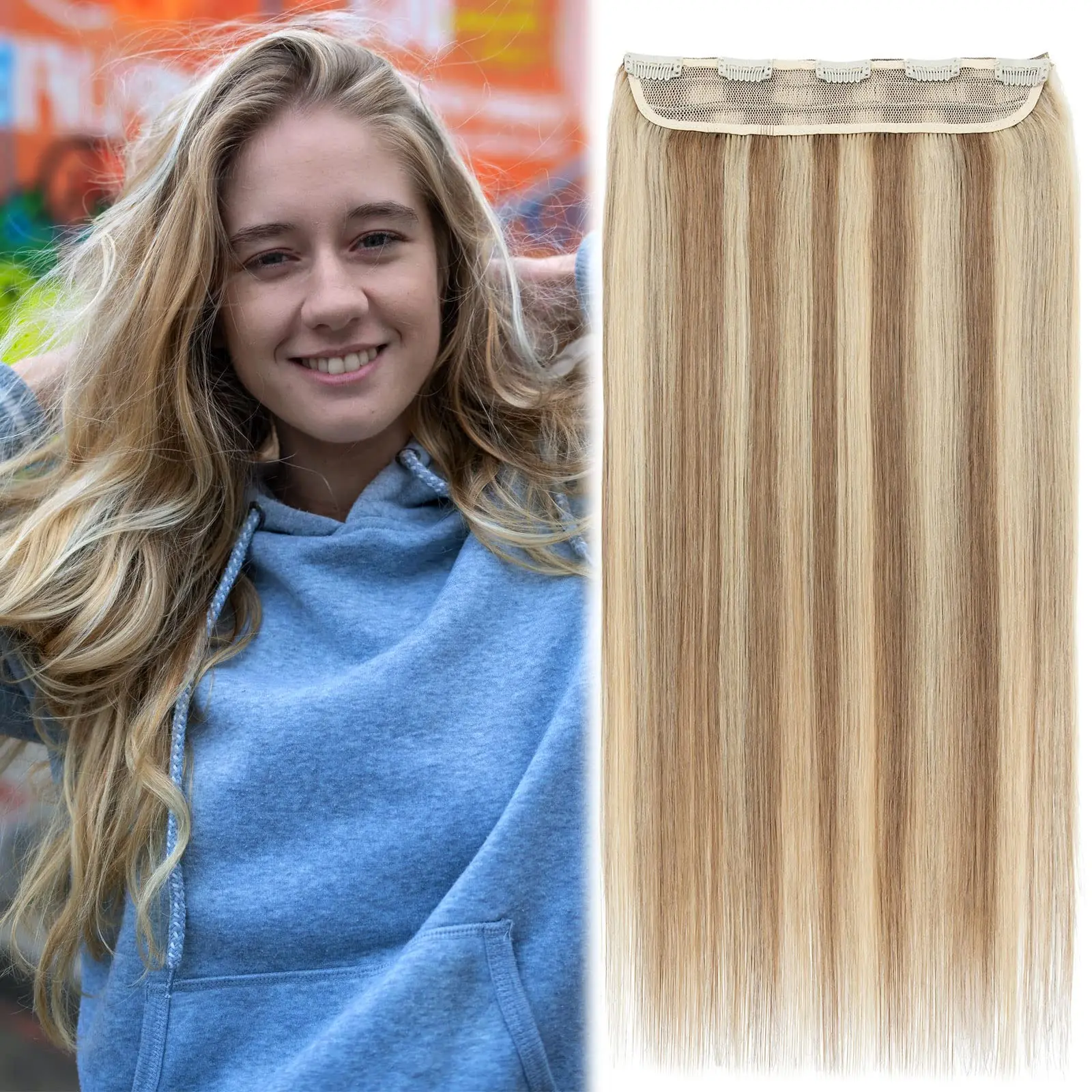 Straight Clip In One Piece Human Hair Extensions For Women Natural Hair Extensions Color #8/613 Hair Extensions with 5 Clips