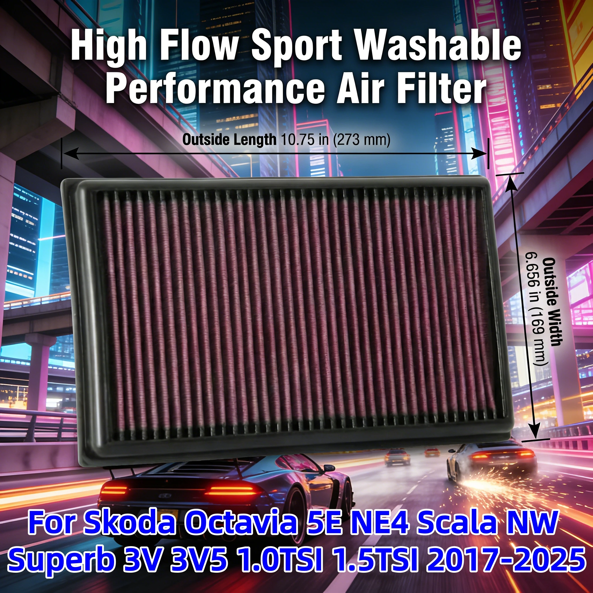 

Высокопроизводительный моющийся спортивный воздушный фильтр для Skoda Octavia 5E NE4 Scala NW Superb 3V 3V5 1.0TSI 1.5TSI 2017-2025 33-3111
