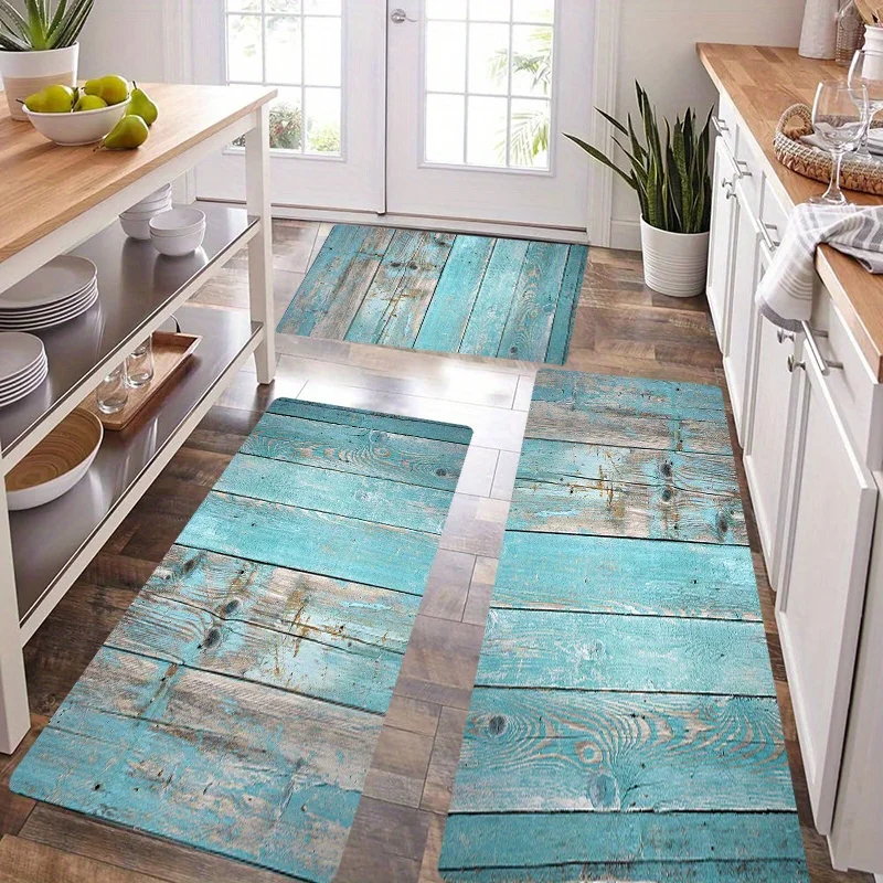 1pc  Kitchen Mat, Light Blue Old Wood Printed Mat Suitable for Kitchen Living Room Porch Balcony And Home Decoration