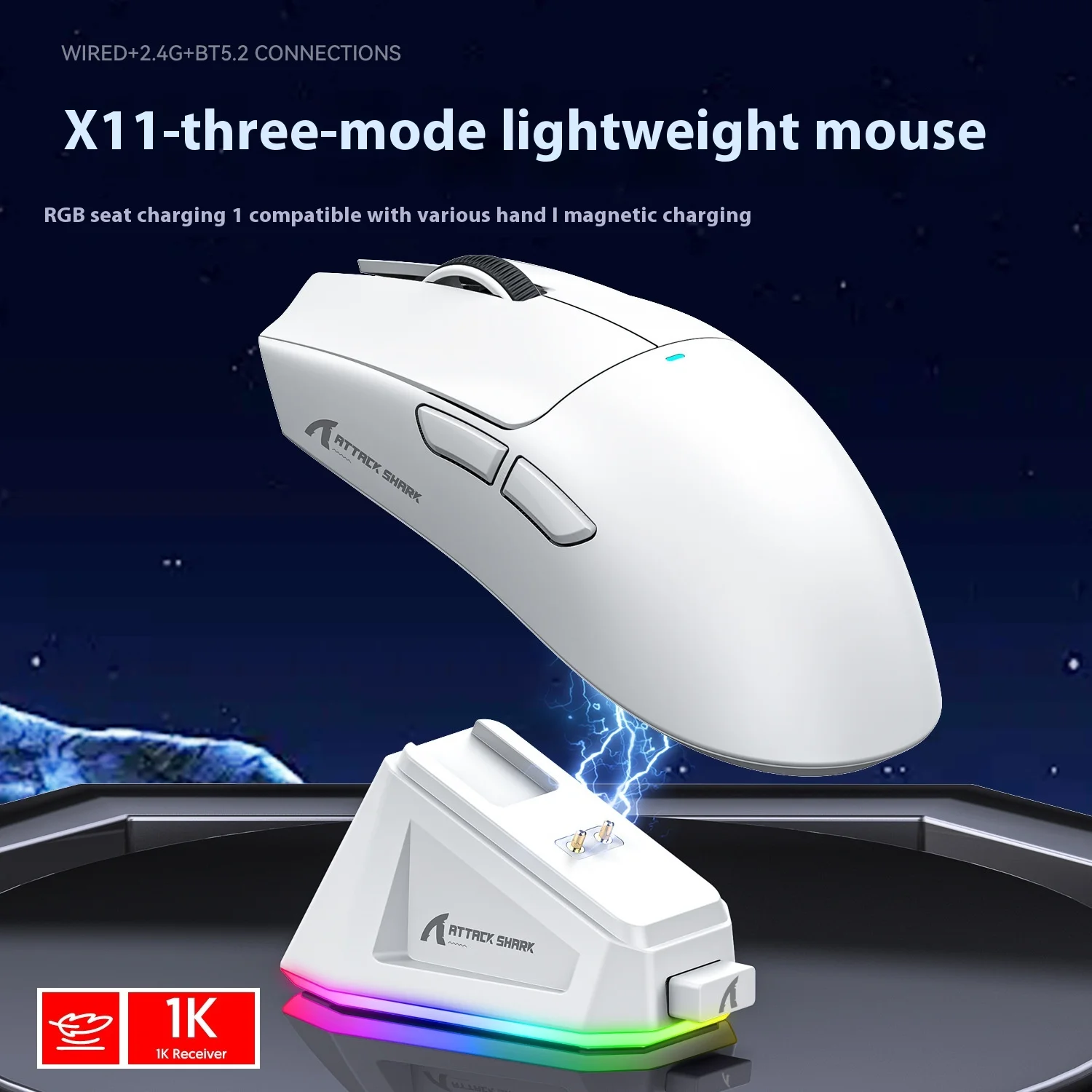 Imagem -02 - Ataque Shark-x11 Mouse sem Fio 3-mode Bluetooth 2.4g Toque Magnético Carregamento Dock Ultra Leve Macro Gaming Presente