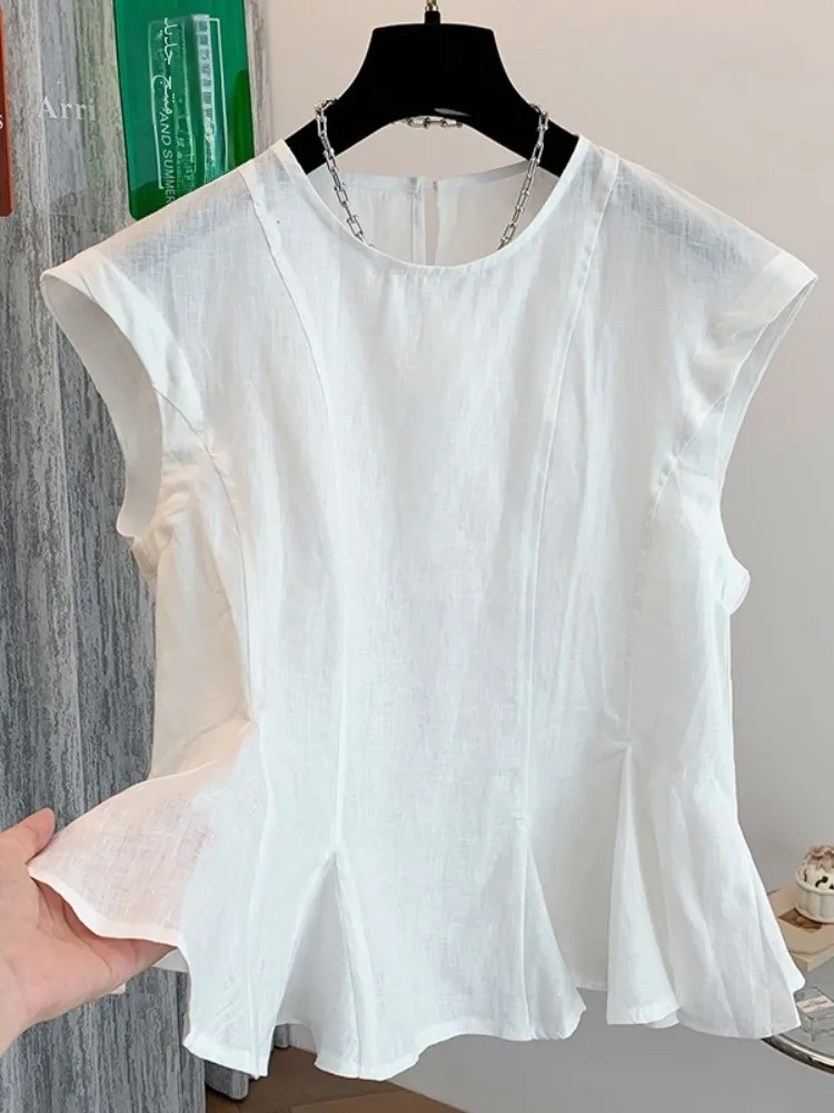 Artistic White Cotton Linen Shirt Women Summer Ageless Slim round Neck Overhead Lace Trim Sleeveless Small Shirt Top