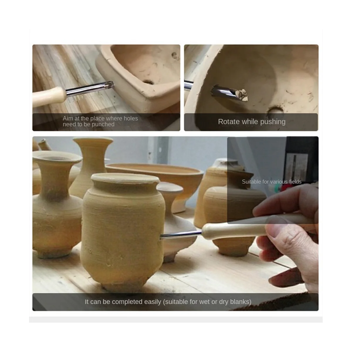 4 Pieces of Ceramic Tools Stainless Steel Punch Pot Hole Drilling Round Practical Wooden Handle Manual Set