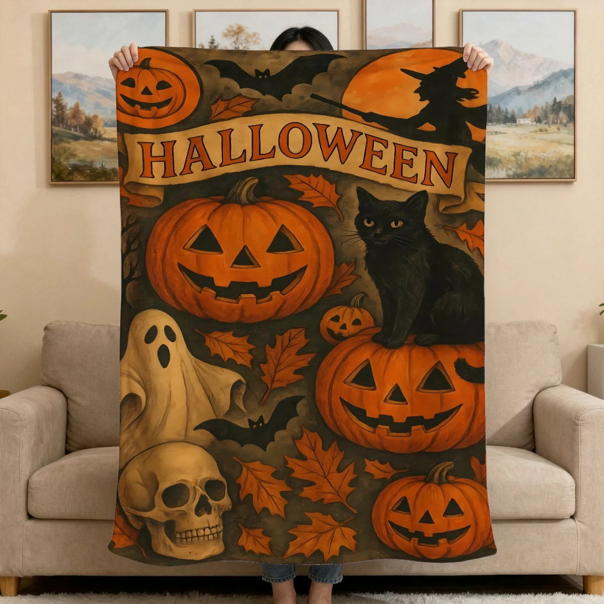 1pc vintage Halloween flannel blanket, a warm and lightweight sofa bed blanket perfect for autumn Halloween decoration and gifts