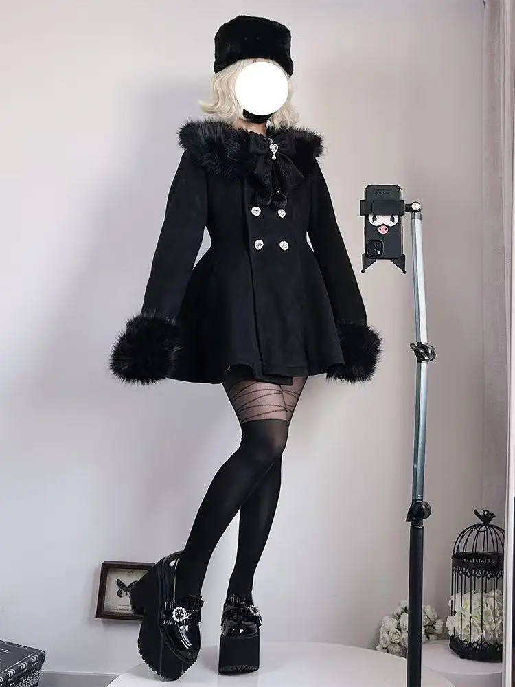 Zimowy, nowy, japoński, dopasowany płaszcz z długim rękawem, modny, elegancki, z futrzanym kołnierzem, koronkowy płaszcz damski, szykowny, słodki płaszcz z wełny.