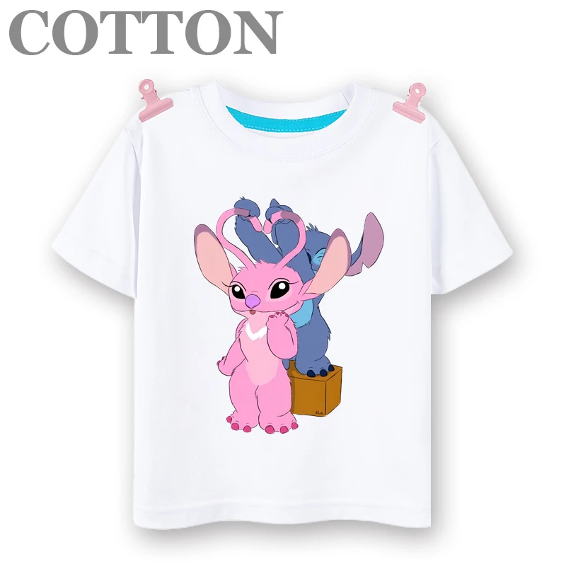 Disney Cute Stitch Anime Summer Fashion Cotton Children\'s Cartoon T-shirt Round Neck Casual Short Sleeve Printed Pattern