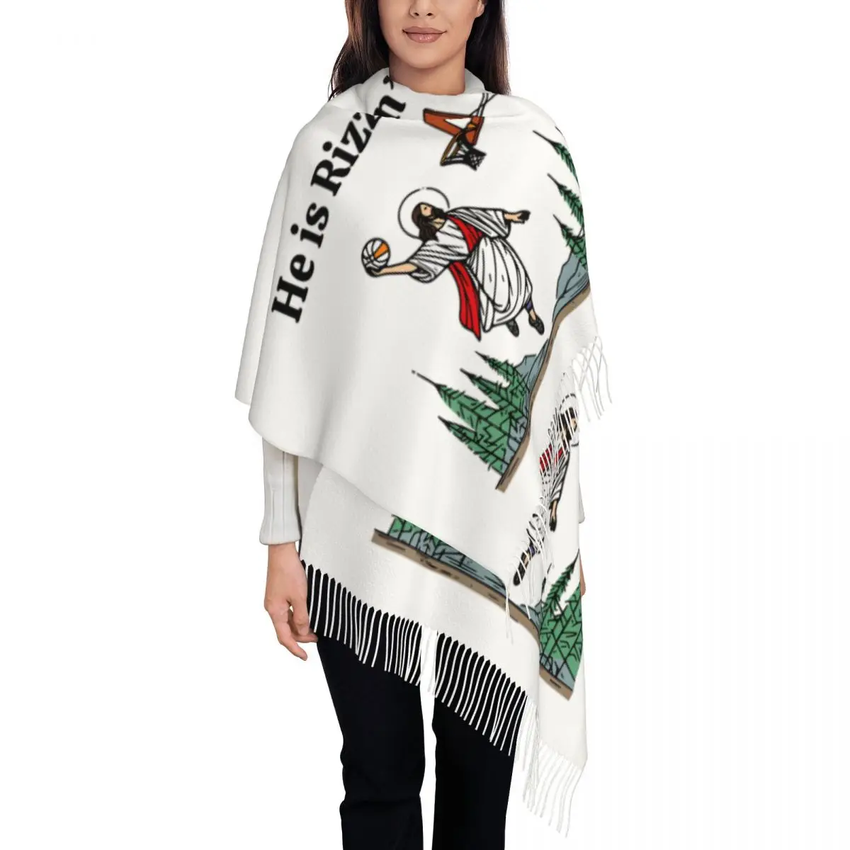 

Пользовательские He Is Rizzin Пасхальный день Иисус играет в баскетбол шарф с кисточками женский мягкий шаль накидка женские зимне-осенние шарфы