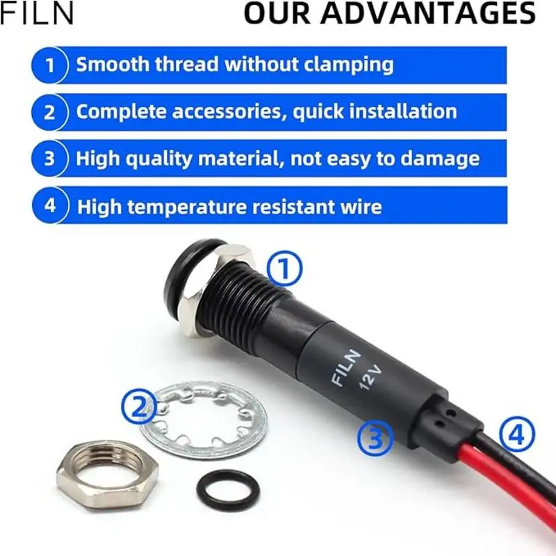 FILN 5-Unit 8MM (5/16'') LED Light Panel Mounted Flat Head LED Light Panel Black Metal Shell Mini 12V 24V With 20cm Cable