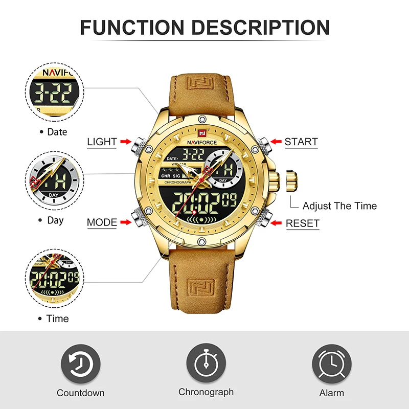 NAVIFORCE Classic Brand Man Genuine Leather Waterproof Wrist Watch Sports Casual Male Quartz Digital Military Chronograph Clocks