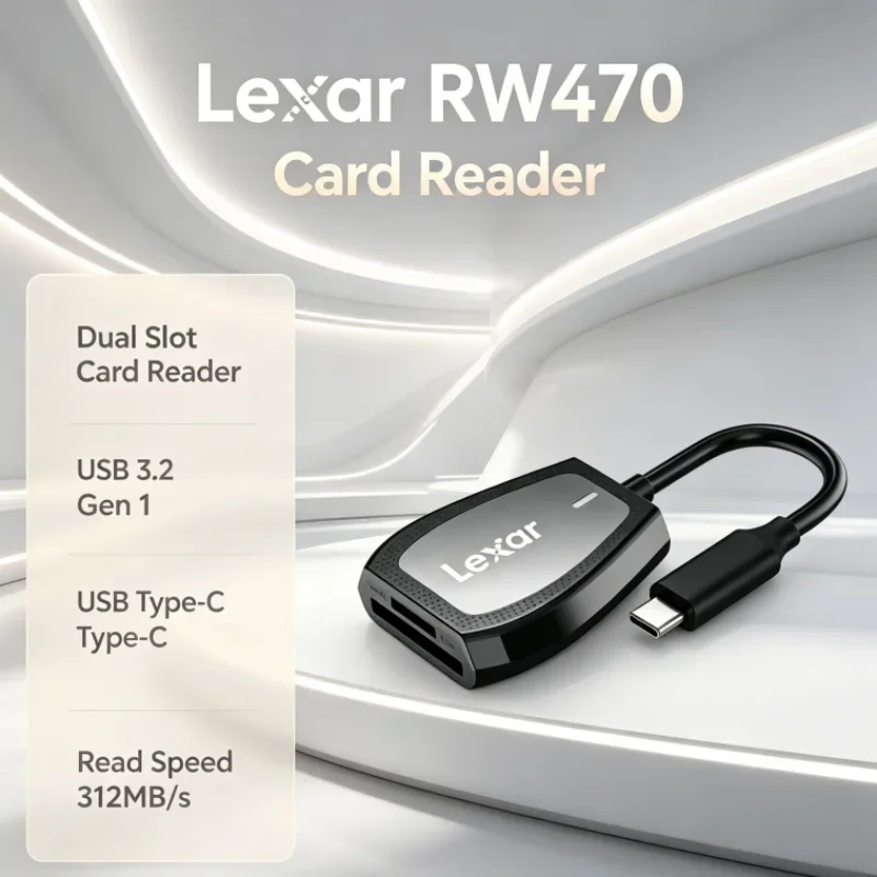 Lexar RW470 2-in-1 Type-C Dual Slot USB 3.2 Gen1 Card Reader SD microSD UHS-II Up to 312MB/s Read for SD Card Data Transfer