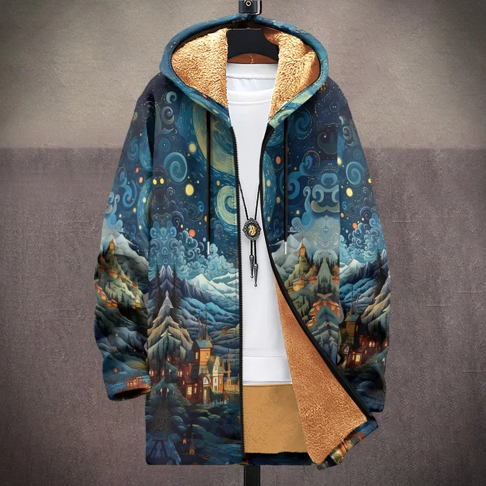 Men Cardigans Coats Mountains Honeycomb Art Graphics Printed Plush Thick Winter Jackets Casual Streetwear for Unisex Clothing