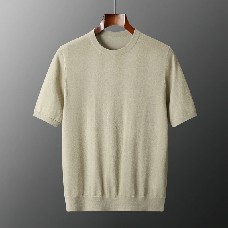 

Новый летний 100% кашемировый мужской вязаный пуловер с короткими рукавами и круглым вырезом, повседневные однотонные свободные футболки, легкая роскошь
