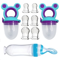 9pcs Feeding Cutlery: 1 Silicone Feeding Bottle with Spoon and Suction Cup for Rice Cereal, 2 Fruit Feeders,6pcs Nipples-3 Size