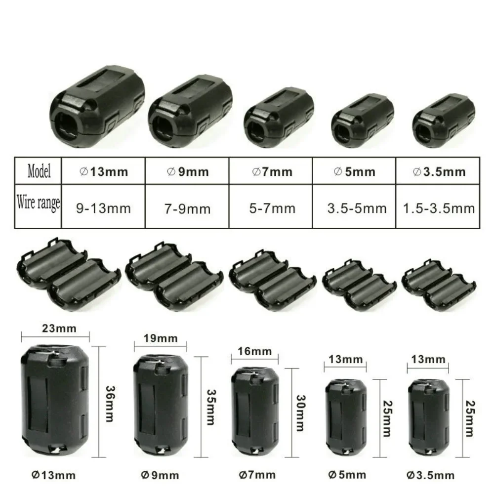5/10Pcs  3.5/5/7/9/13/15mm Toroidal Core Ferrite Bead Clip Choke EMI RFI Noise Filter Clip For USB/Video Cable Power Cord
