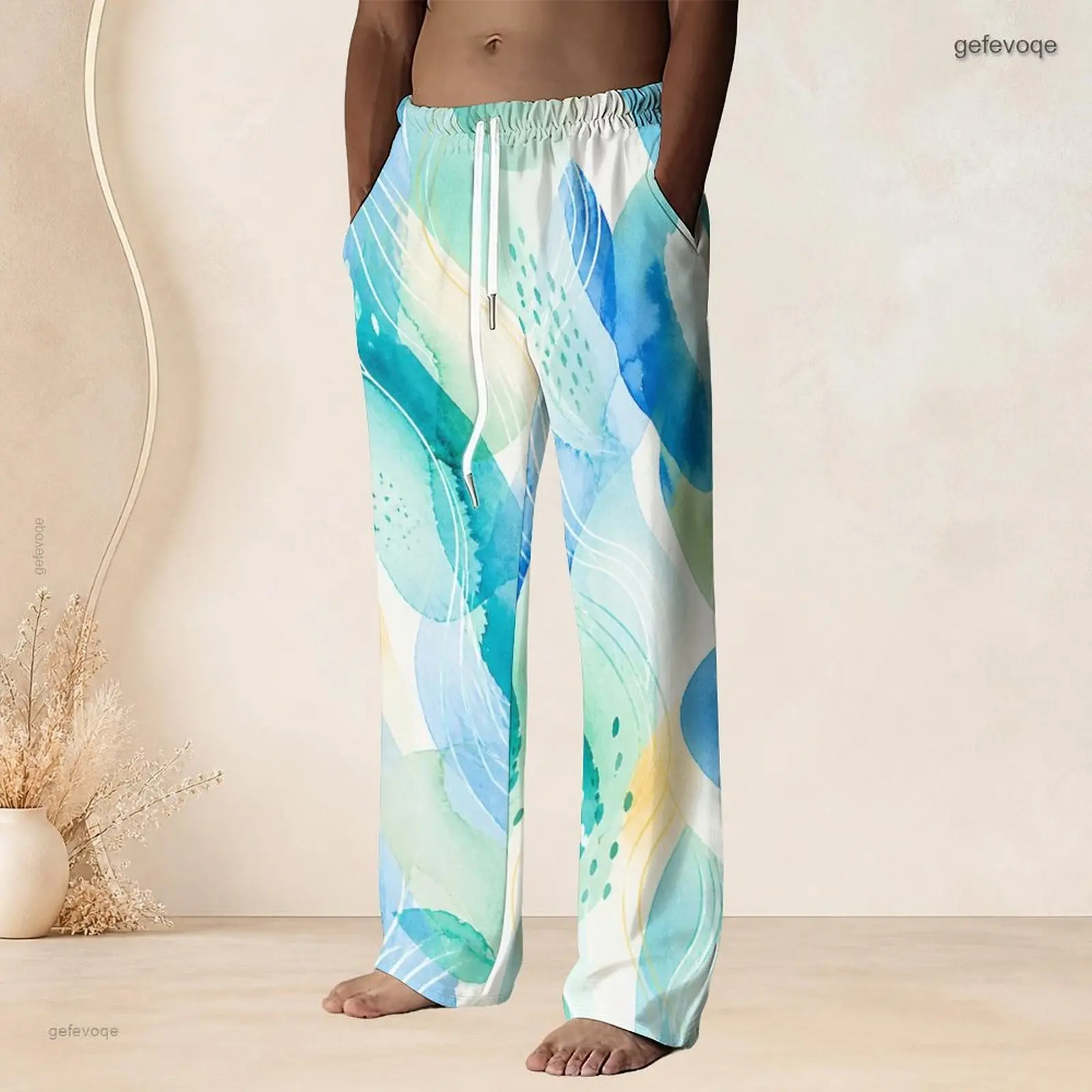 Men Abstract Watercolor Wavy Stripe Printed Full Length Straight Leg Drawstring Waist Pants