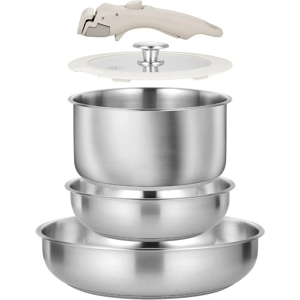 KOCH SYSTEME CS Stainless Steel Detachable Handle Set 7 Piece 2QT Saucepan 8 10 Inch Frying Pan Induction Gas Compatible