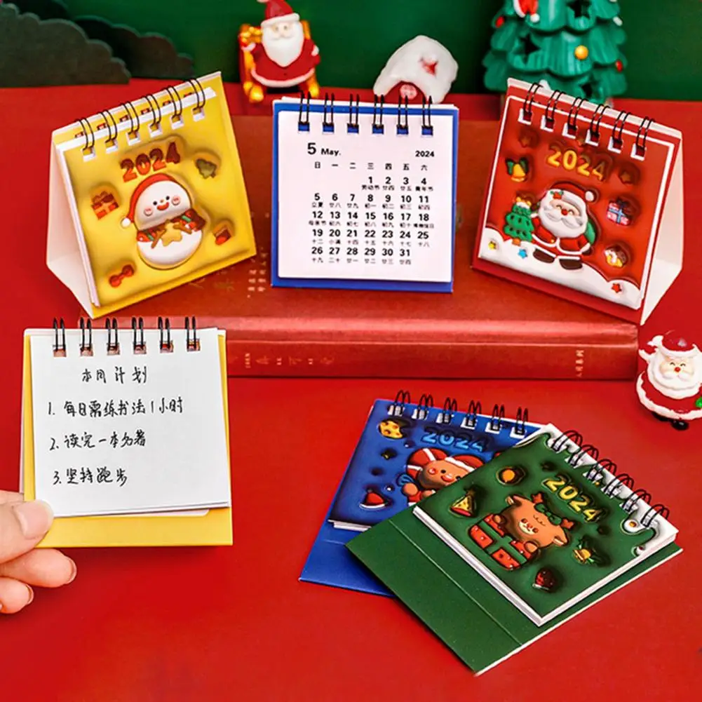 2024 Desk Calendar Mini Christmas Calendar 2pcs Mini Christmas Cartoon Desk Calendar Aug 2023 to Dec 2024 Twin-wire for Office