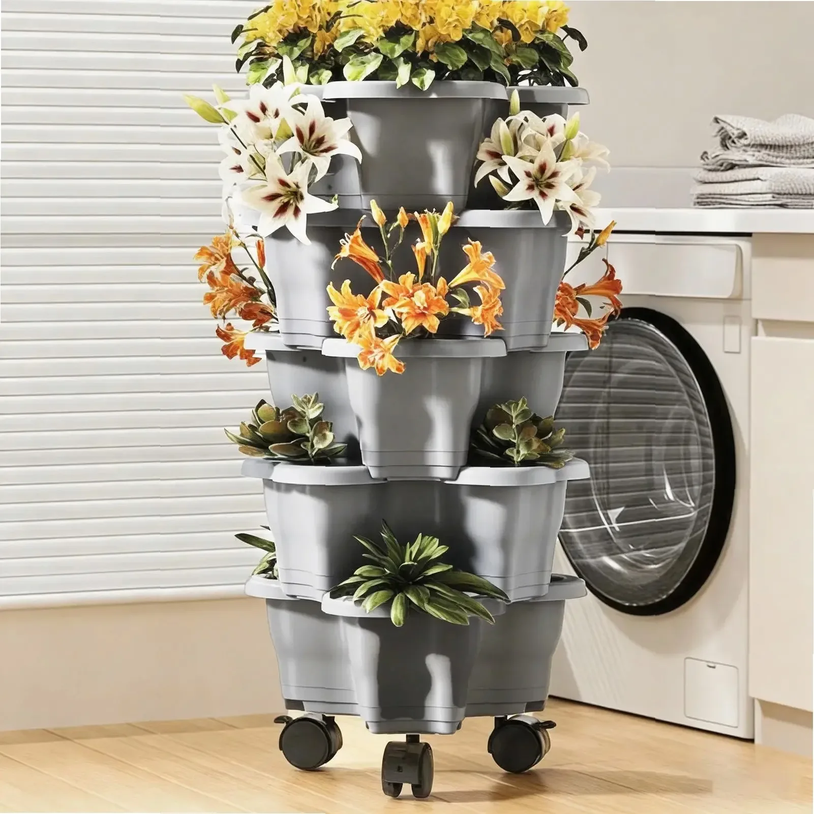 Plant Tower 6-Tier with Wheels Weatherproof Pots Stackable Vertical Planter Tower for Indoor Outdoor Home Yard Patio Raised Bed