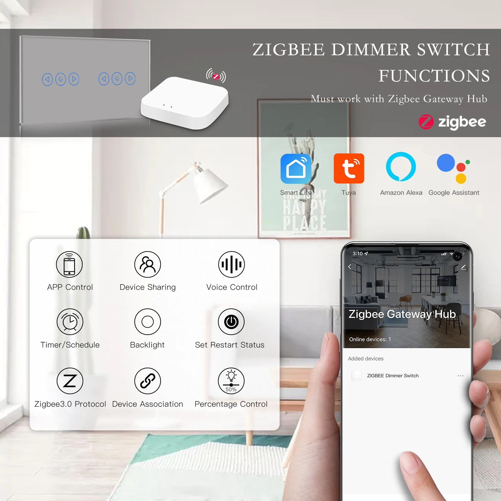 Bseed ZigBee Dimmer Switches Wall Double Touch Switch Smart Dimmable Led Light Switches Crystal Smart Life Tuya App Control