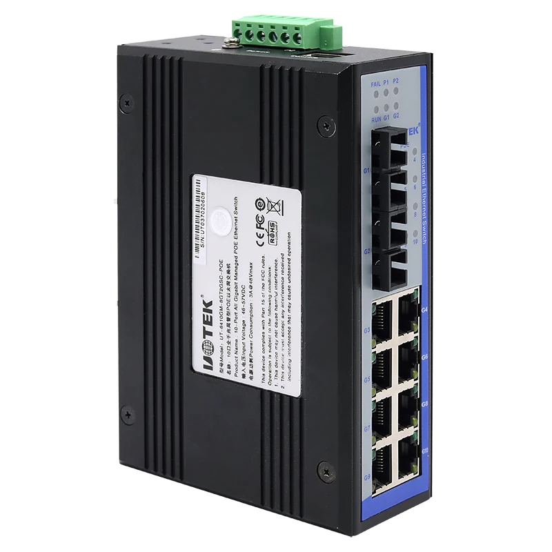 UOTEK Industrial 1000M 8 Ports POE Ethernet Switch Network Managed with 2 Gigabit Optical Fiber SC Interface DIN-rail UT-6410GM