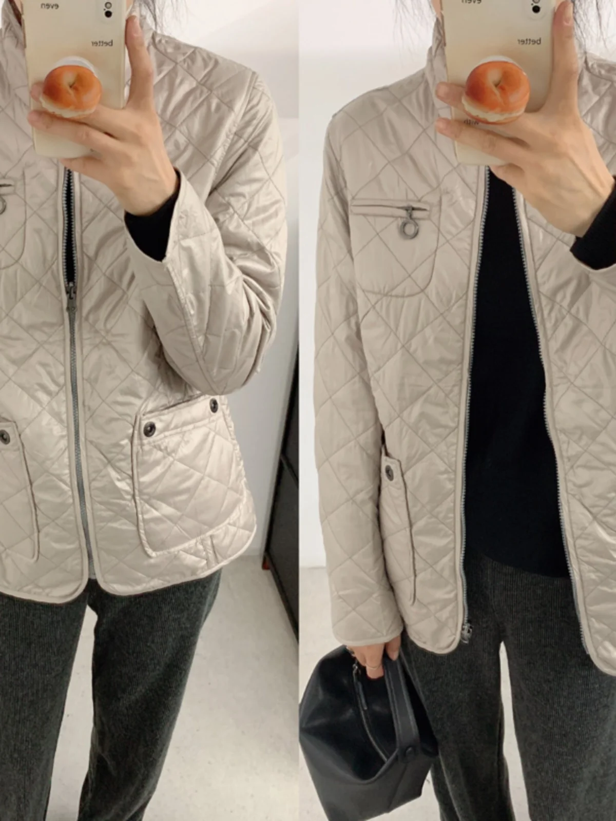 

Double-Sided Wear Thin Cotton Jacket Women's Large Size Autumn Winter Diamond Pattern Stand Collar Sewn Windproof Waterproof
