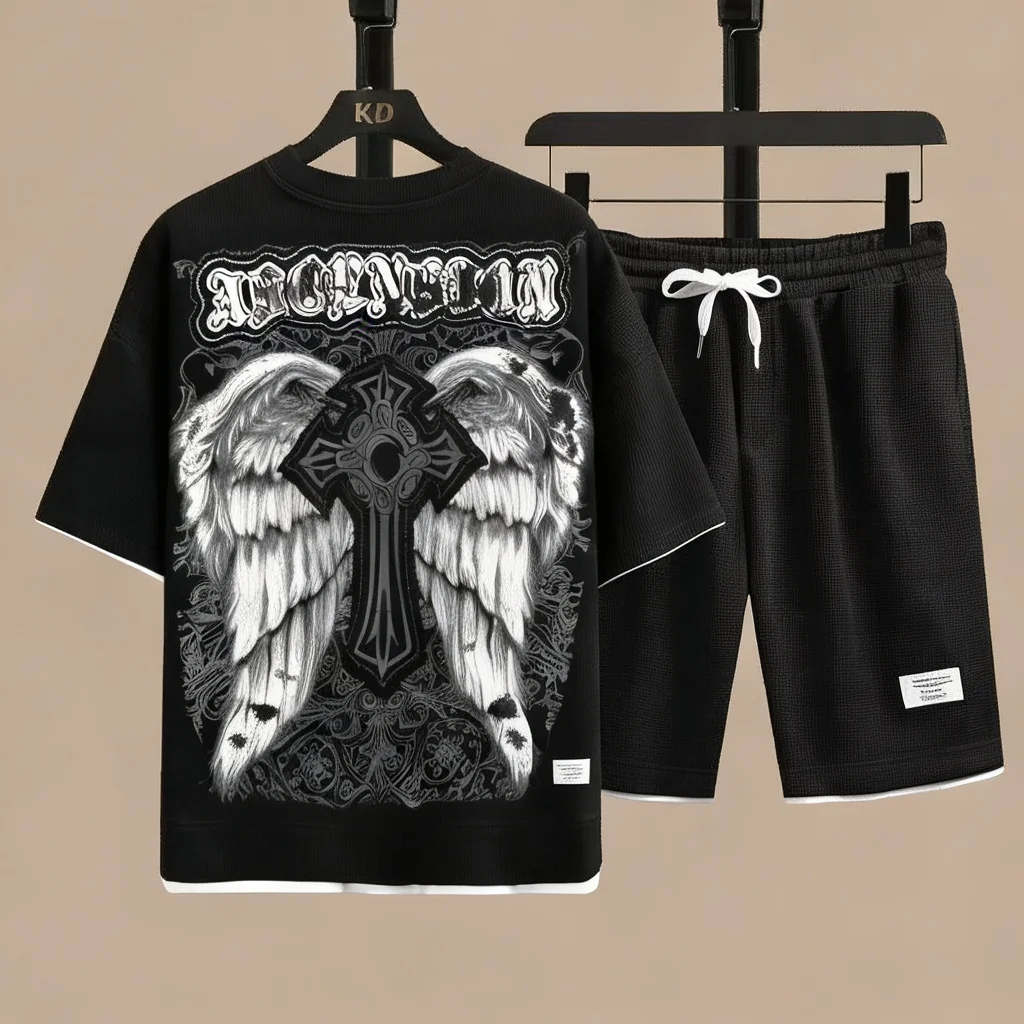 

Dark Gothic Waffle Tracksuit Men Angel Wings & Cross Print T-Shirt And Shorts Set Punk Outfit 2026