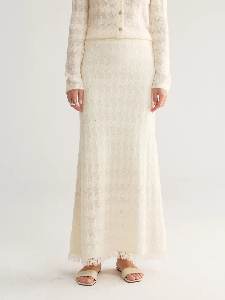 Winsleter-Wool Blended Elegant Knit Skirts, Elastic Waist Sequins Tassel, Women French Temperament Skirts, 2026 Autumn B68515CC