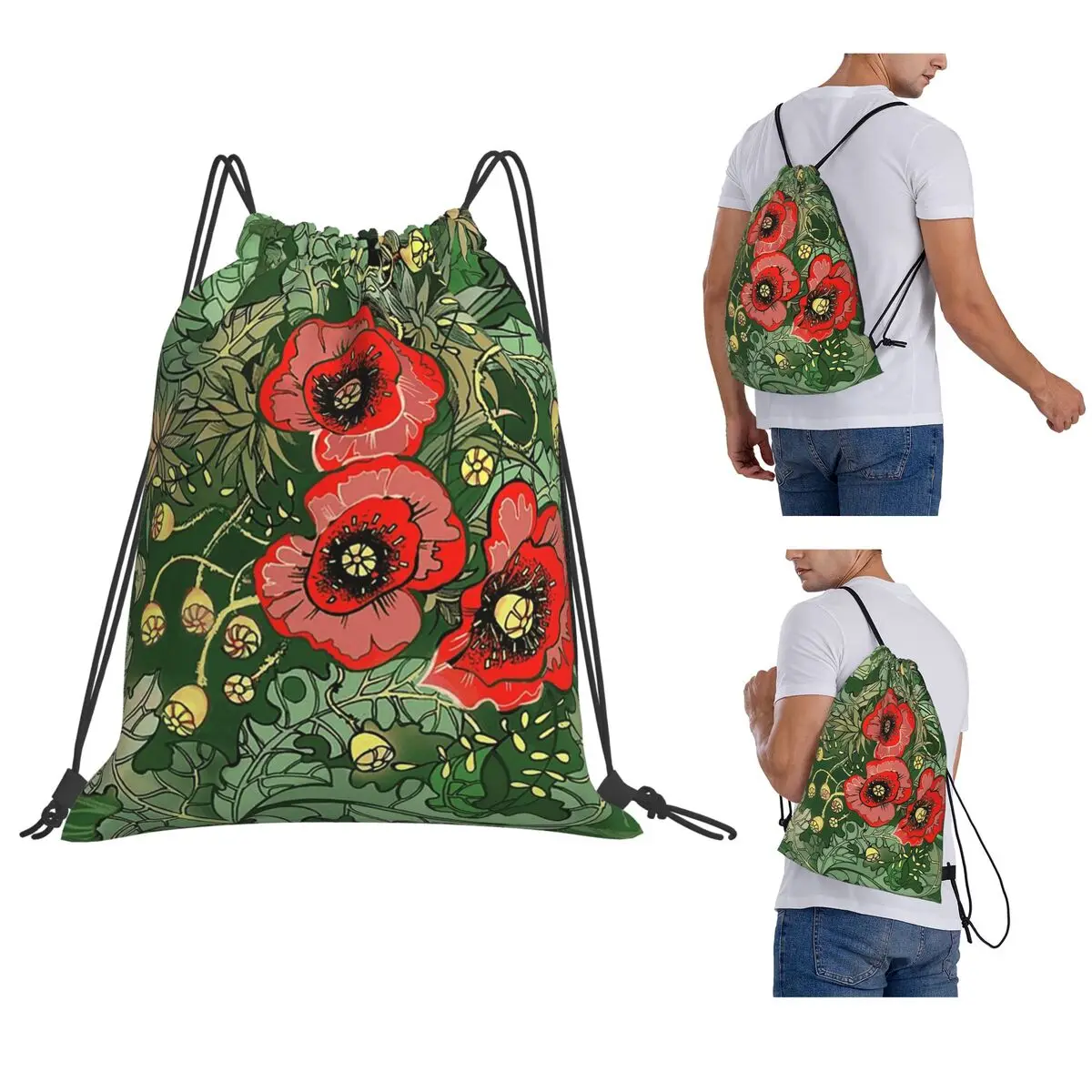Poppies On The Meadow Backpacks Portable Drawstring Bundle Pocket Sports Bag Book Bags for Man Woman School