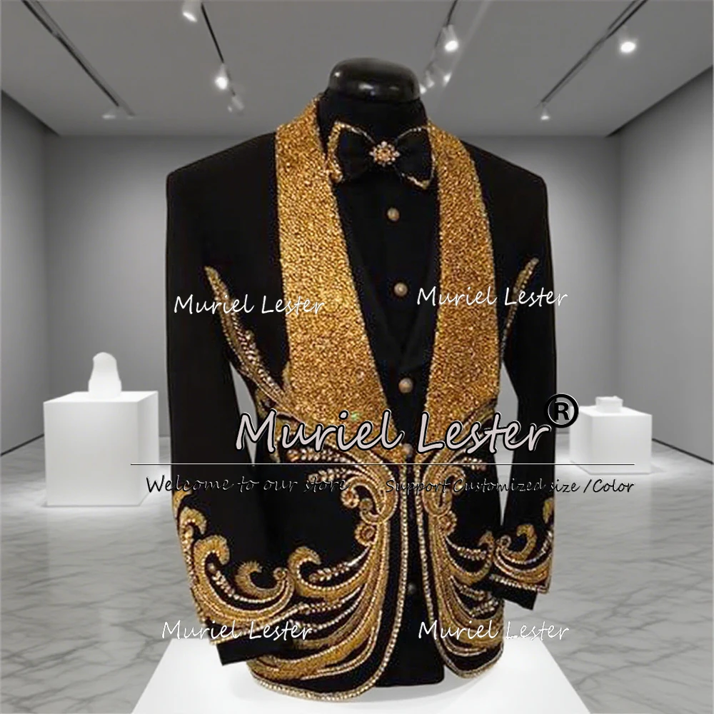 

Luxury Gold Crystals Beaded Suits Men 2 Pieces Sets Sparkling Sequins Label Prom Tuxedos Customized Man Banquet Groom Blazers