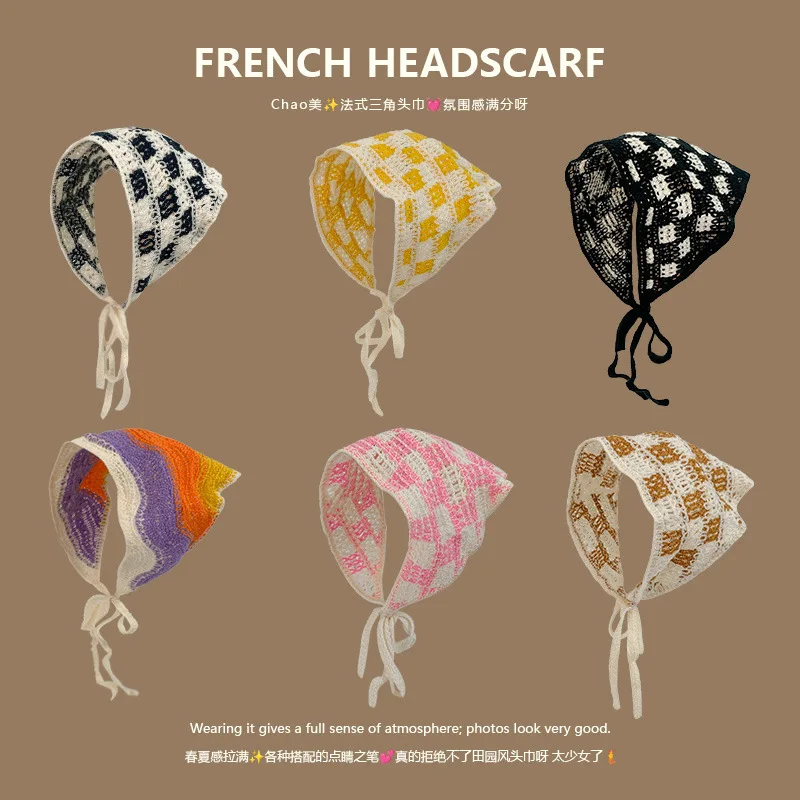 Knit Triangle Hair Scarf French Vintage Style Cute Floral Crochet Head Wrap For Women Daily Casual Outdoor Vacation Gift Premium