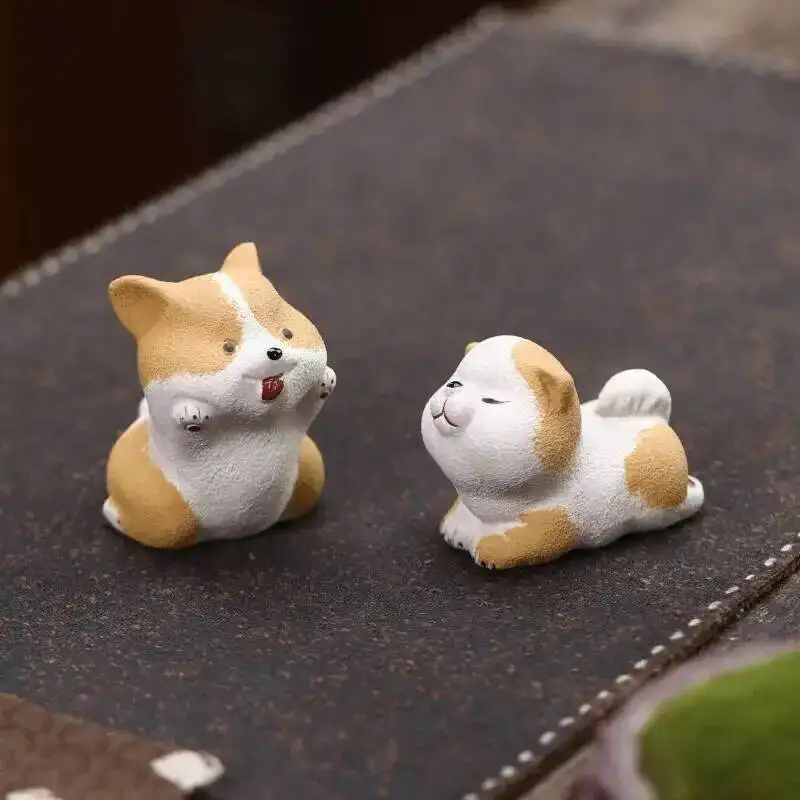 Purple Clay Tea Pet Dog Figurine Handmade Clay Zodiac Corgi Poodle Tea Play Tea Set Accessories Home Decoration Can Be Kept