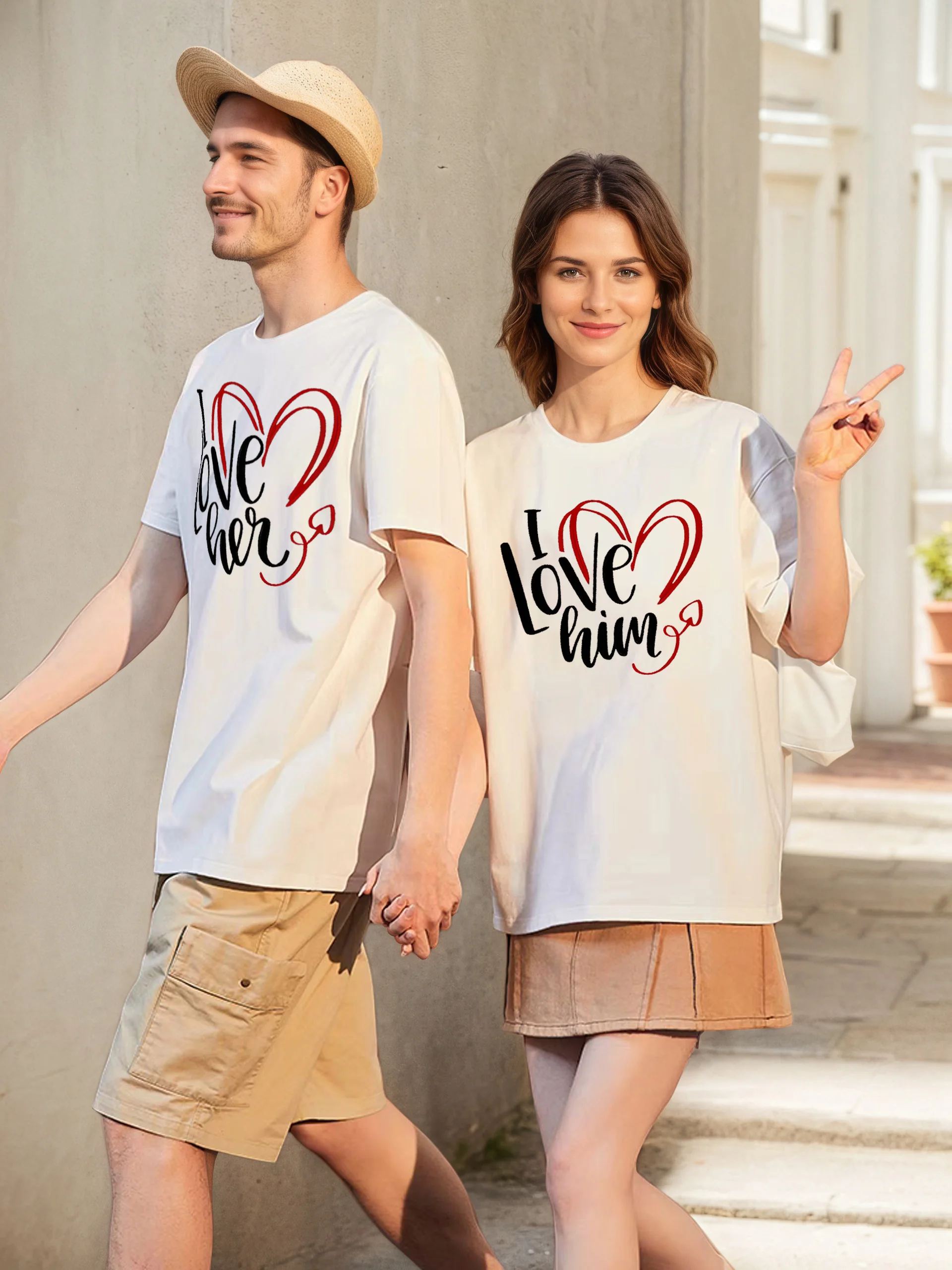 

Футболка для пары ко Дню святого Валентина, рубашка с графическим принтом «Я люблю его», хлопковая рубашка с круглым вырезом для бойфренда и подруги, романтическая с коротким рукавом