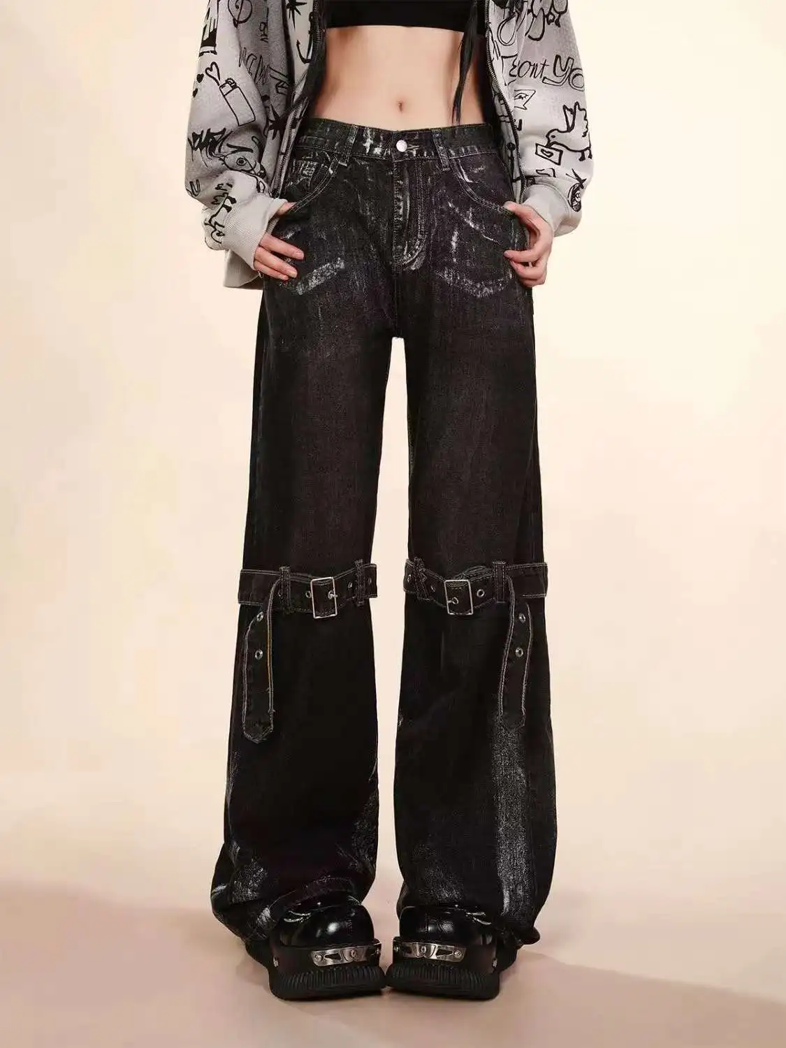 

Женские джинсы в винтажном стиле в стиле рок с ремешками, крутые брюки с высокой талией для девочек, женские джинсовые брюки в стиле хип-хоп в стиле ретро