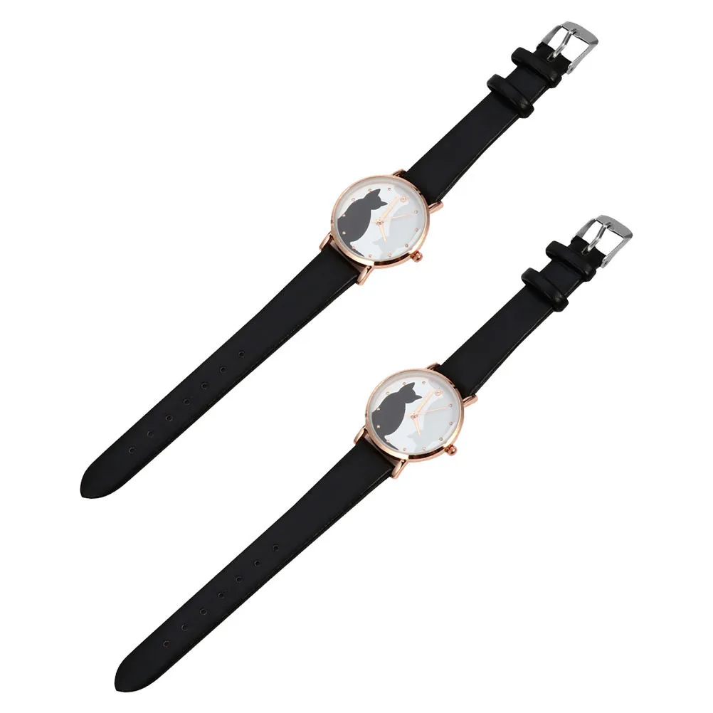 

2Pcs Cartoon Cat Pattern Wrist Watches Zinc Alloy Adjustable Belt Women Casual Stylish Watches for Daily Business Leisure Use