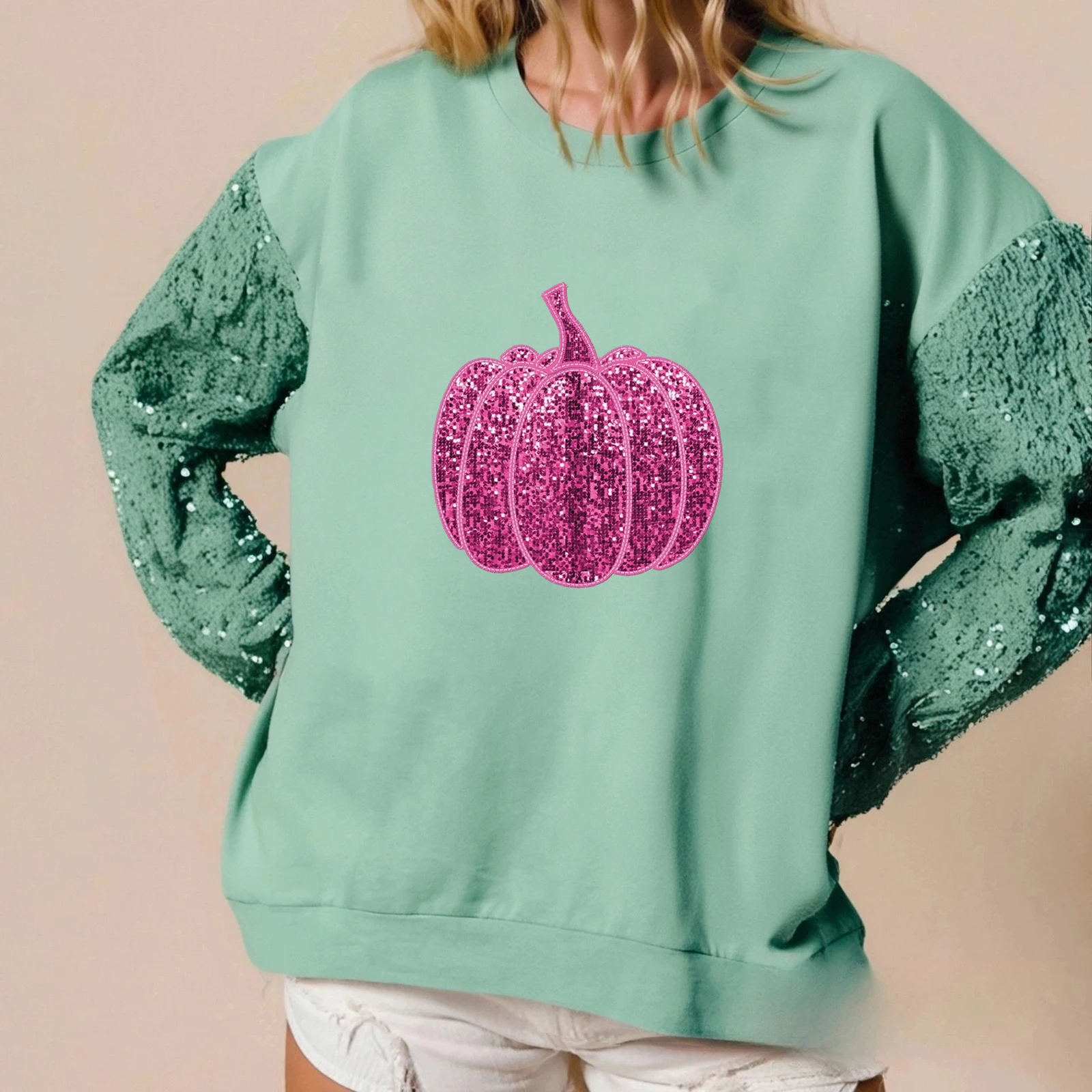 Moletom feminino de lantejoulas de Halloween solto manga comprida gola redonda pulôver de abóbora