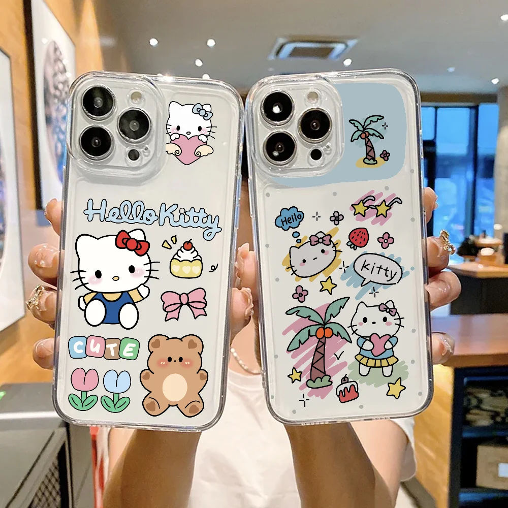 Niedliche Cartoon-H-HelloKitty-Handyhülle für iPhone 12, 11, 13, 14, 15, 16, MINI Max Pro Plus, stoßfeste, weiche, klare Rückseite