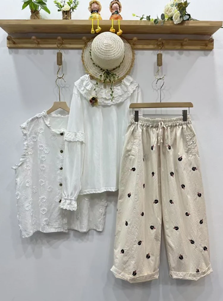 새로운 2025 여름 코튼 스트레이트 바지, 여성 탄성 허리 자수, 모리 걸 다목적 캐주얼 INS 루즈 한 바지 B54022CC