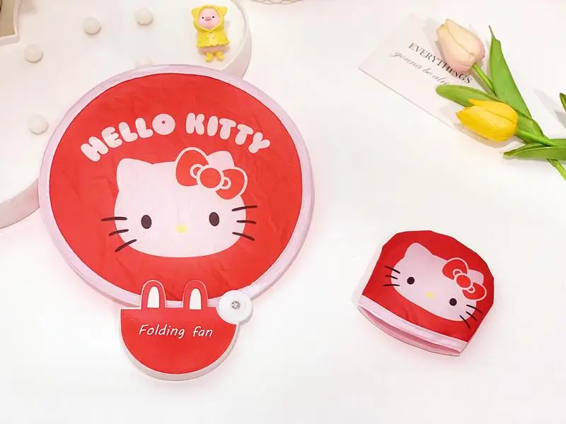 Sanrios kawaii desenhos animados olá kittys kuromi cinnamoroll minha melodia bonito pequeno ventilador dobrável ventilador redondo psiquiatra enviar saco de armazenamento