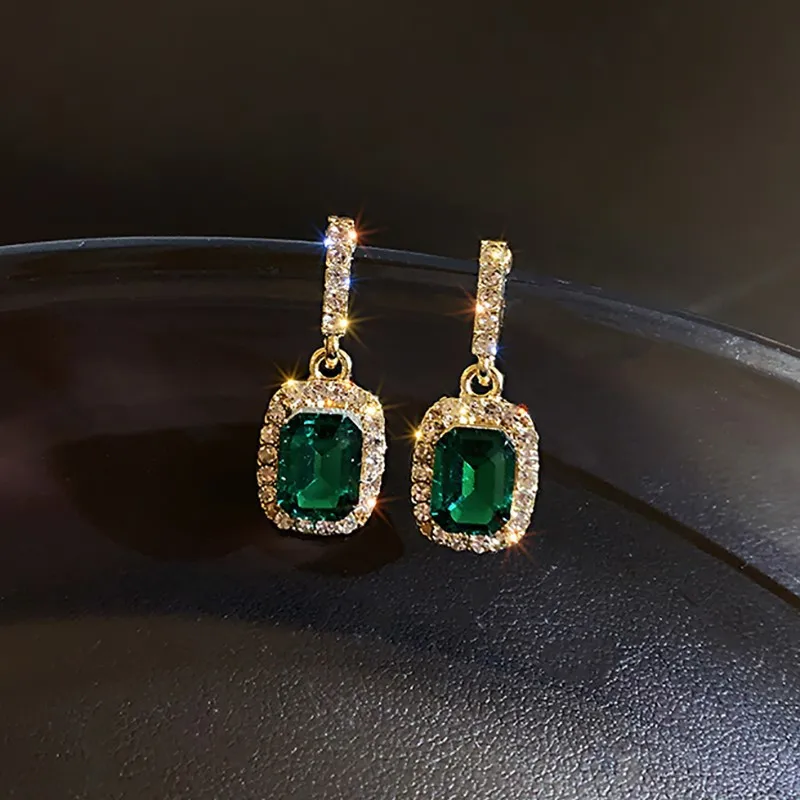 Green Crystal Earrings for Women Geometry Square Dangle Earrings New Fashion Rhinestones Drop Earrings Party Luxury Jewelry Gift