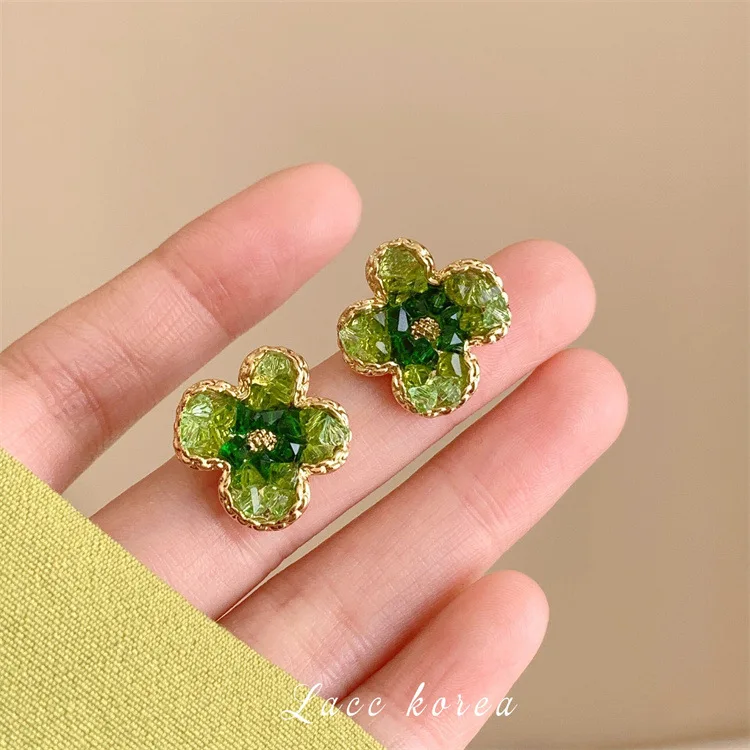 Gradient Crystal Green Flower Stud Earrings Small Wizard of Oz Green Flower Ornament