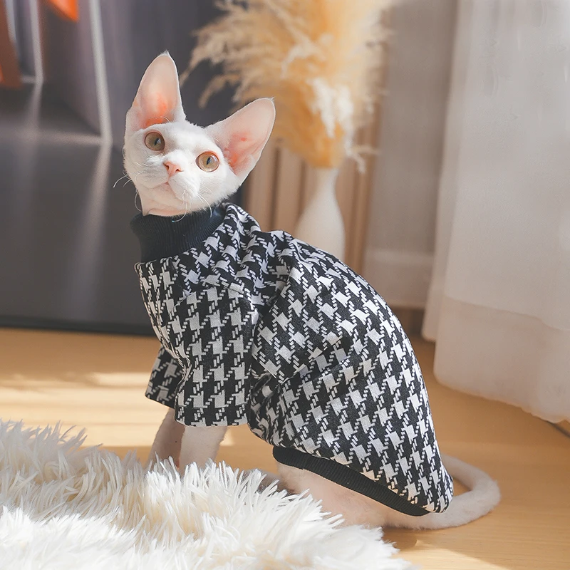 Winter Warm Shirt for Sphynx Cat Clothes Lattice Cotton Coat for Kittens Soft Black Jumpsuit for Devon Rex Spring Cat supplies