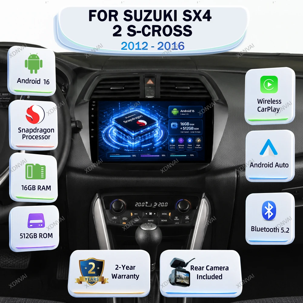 Android 16 Video Player For Suzuki SX4 2 S-Cross 2012 - 2016 Car Radio Multimedia Stereo 4G LTE RDS Carplay GPS Autoradio DSP BT