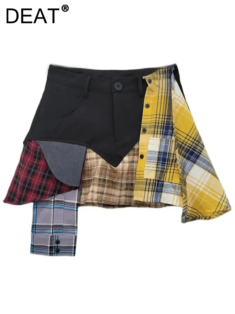 DEAT Women's Skirt High Waist Contrast Color Plaid Patchwork Deconstructed A-line Short Skirts 2025 Spring New Fashion 29L7888