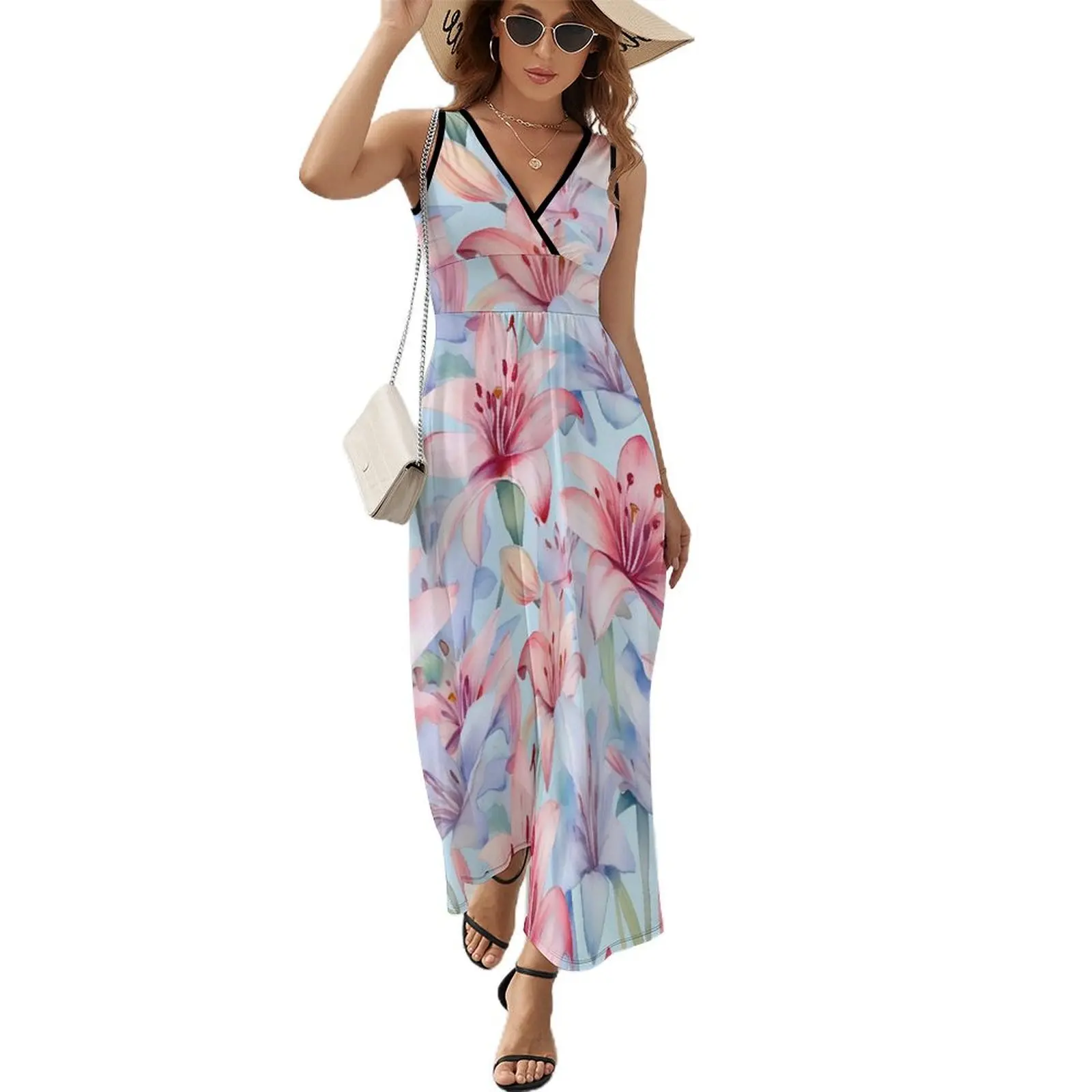 

Pink Lily Floral Dress Woman Watercolor Flower Sexy Maxi Dress V Neck High Waist Street Wear Printed Bohemia Long Dresses