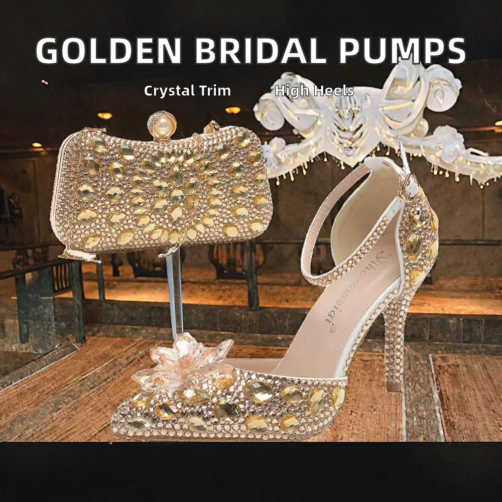 Women's Plus Size Bride Princess Wedding Party Summer 5/9/11/14cm PU Bridal Shoes Height Increasing Champagne Golden Thin Heels