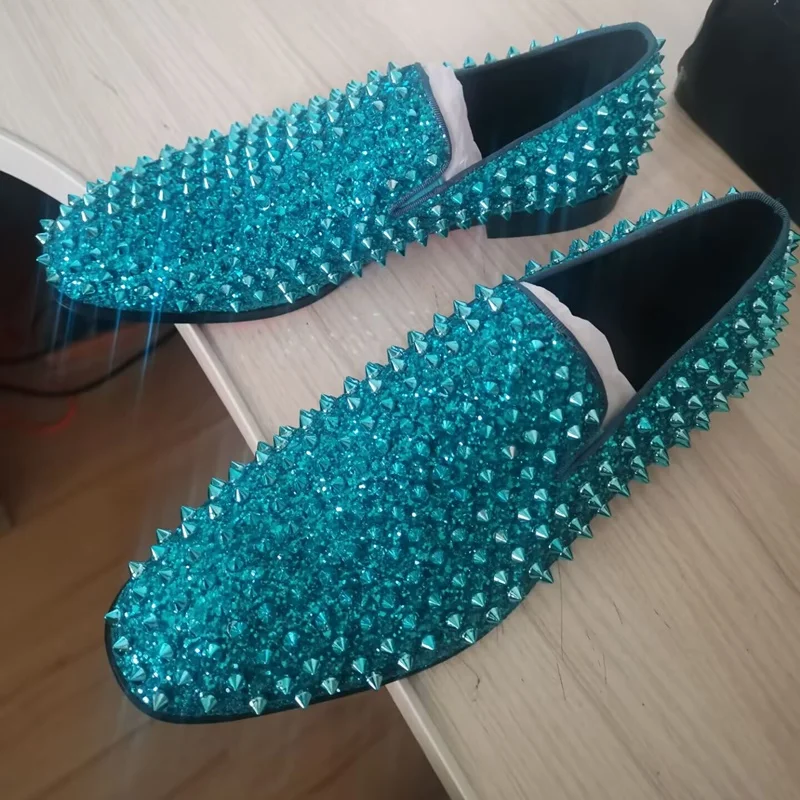 Stylish Spikes Loafer Bling Sequins Shoes Rivet loafers Men Dress Shoes Handmade Slip On Party And Wedding Shoes