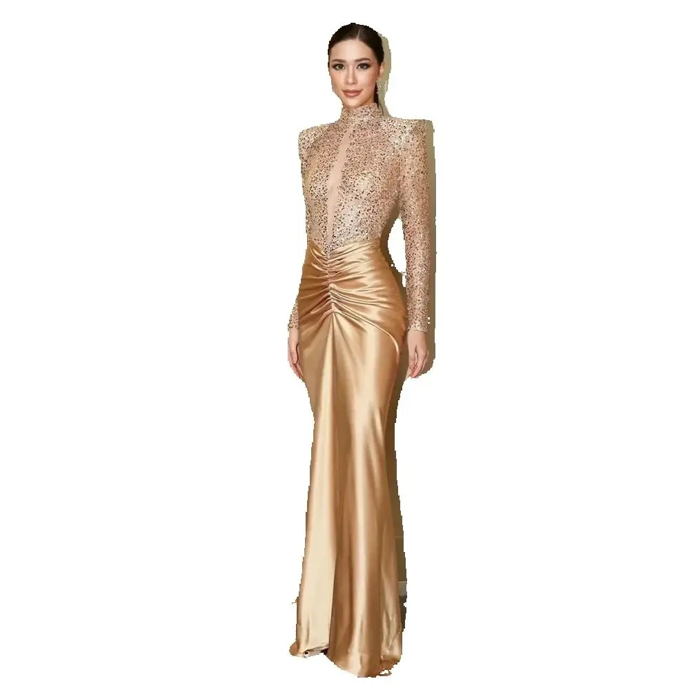 Luxury Gold Long Sleeves High-neck Mermaid Evening Dress New Fashion Female Floor Length Party Prom Gowns