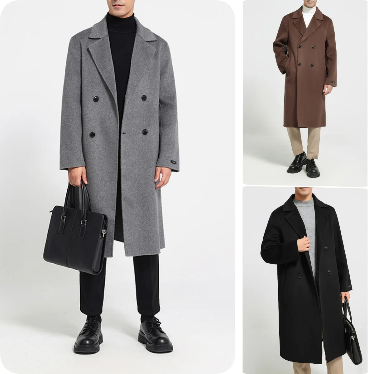 

Осенне-зимнее мужское двустороннее шерстяное пальто, 100% шерсть, элитная кашемировая куртка, средней длины, с воротником костюма.