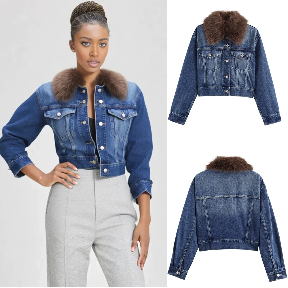 

Шикарная уличная куртка с воротником из искусственного меха, женская новая модная джинсовая короткая куртка, пальто, женская осенняя уличная одежда с длинными рукавами, верхняя одежда